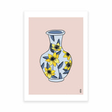 Load image into Gallery viewer, Blue &amp; Yellow Floral Vase on Pink Art Print
