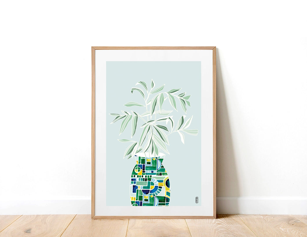 Vase and Leaves on Blue Art Print