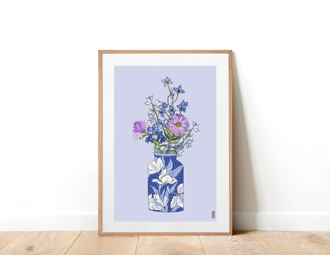Delphinium Vase on Lilac Art Print