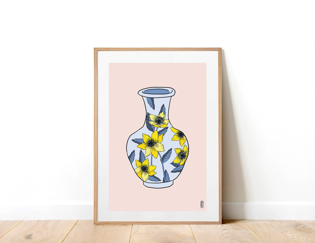 Blue & Yellow Floral Vase on Pink Art Print