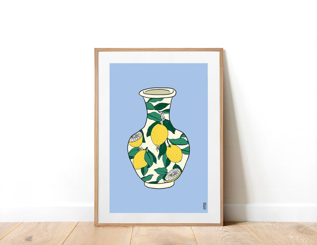Limone Vase on Blue Art Print
