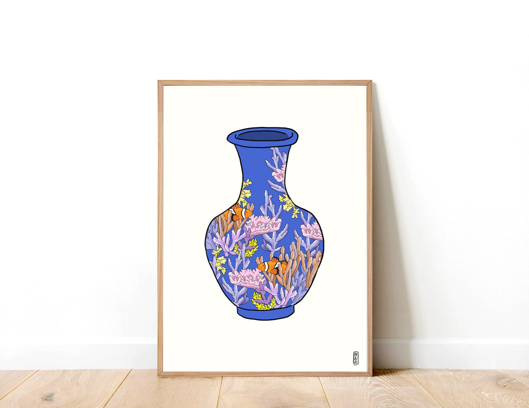 Coral Vase on Blue Art Print. 100% Profits Donated to Blue Ventures
