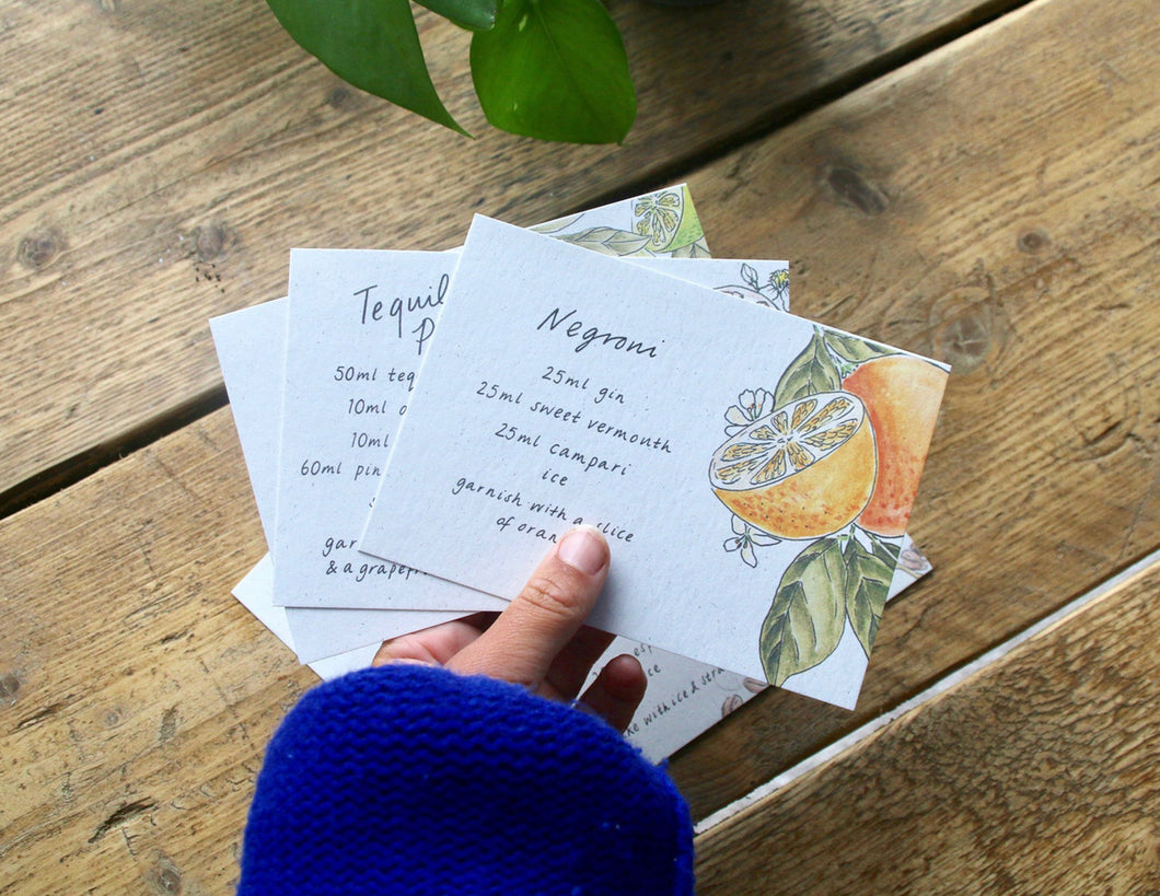 Set of 5 Hand Cocktail Recipe Cards on Recycled Card